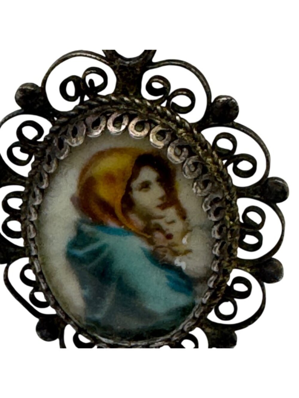 Antique Madonna & Child Portrait Pendant 800 Silver Filigree Hand Painted Charm